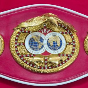 IBF International Boxing Federation championship belt replica with heavy metal plates and bold color strap