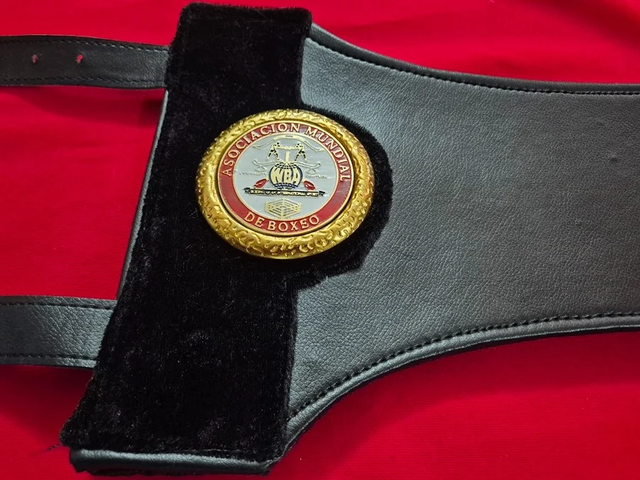 WBA Super Lion Championship Belt Replica Strap Logo Plate Strap end of the WBA Super Lion championship belt replica with a round logo plate