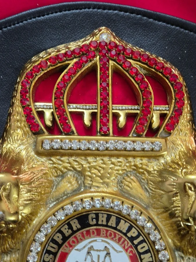 WBA Super Lion Championship Belt Replica Crown Detail Close-up of the crown on the center plate of the WBA Super Lion championship belt replica