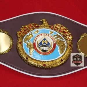 WBO World championship boxing belt replica, front view showing the center plate and side plates