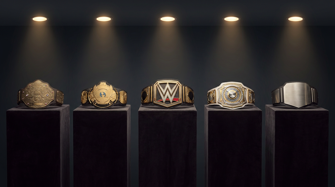 Wrestling Championship Belt History: SummerSlam 2026 A display of championship wrestling belts spanning different eras of design
