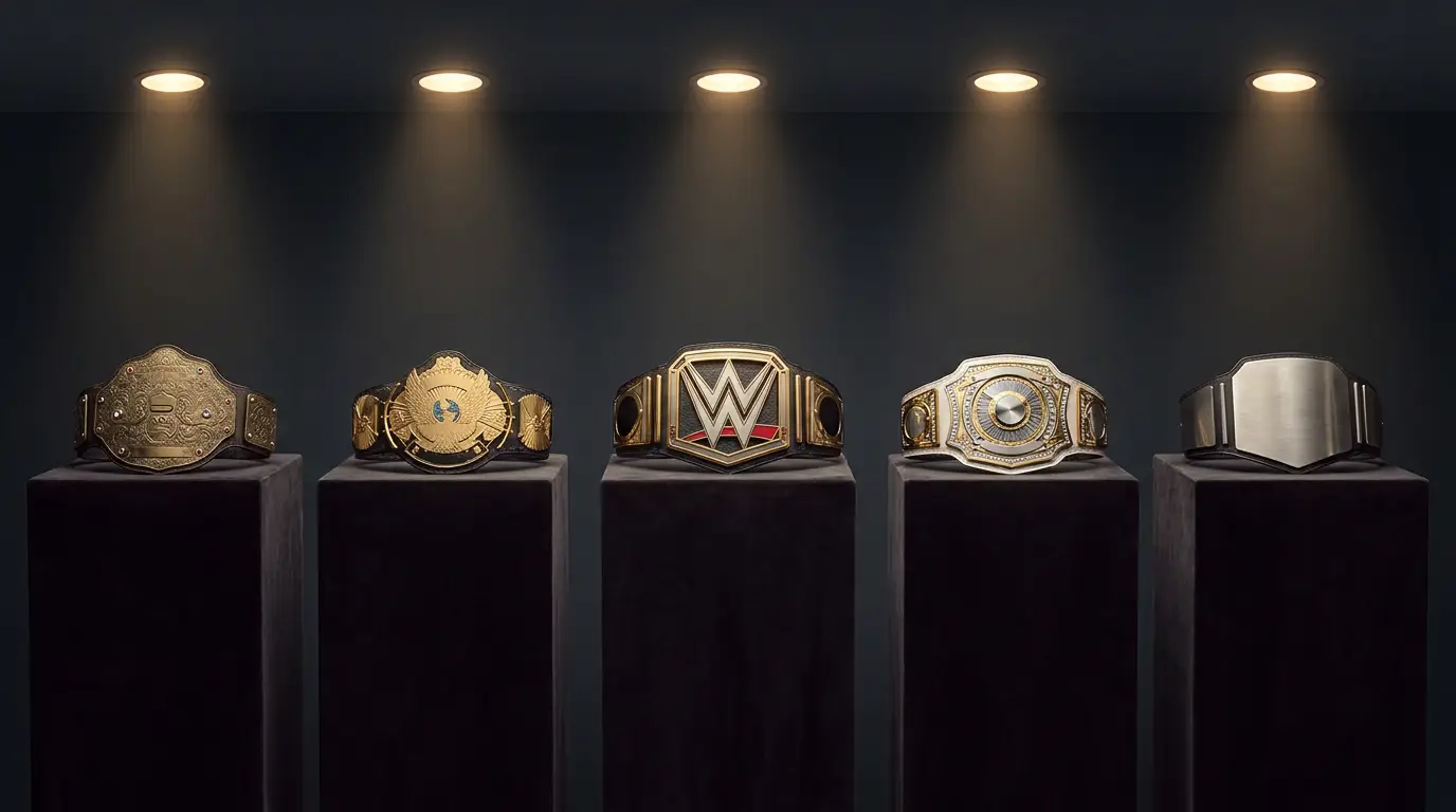a display of championship wrestling belts spanning different eras of design