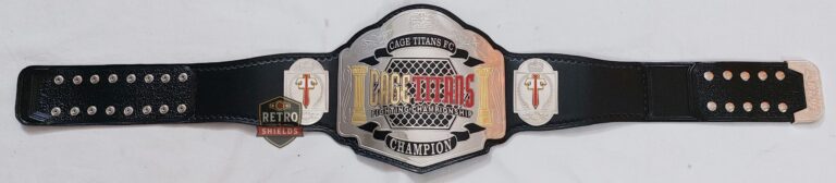 Customized wrestling etched championship belt 9, full length view with etched plates and a black strap