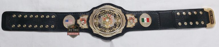 Customized wrestling etched championship belt 7, full length view with etched plates and a black strap