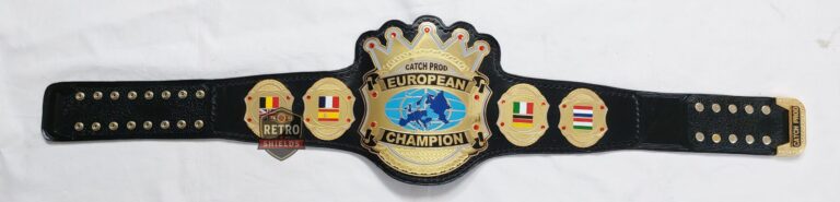Customized wrestling etched championship belt 8, full length view with etched plates and a black strap