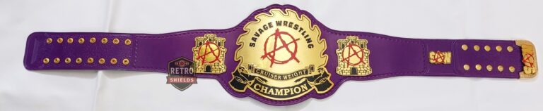 Customized wrestling etched championship belt 5, full length view with etched plates and a purple strap
