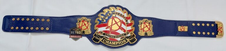 Customized wrestling etched championship belt 6, full length view with etched plates and a blue strap
