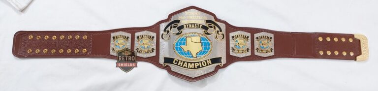 Customized wrestling etched championship belt 2, full length view with etched plates and a brown strap