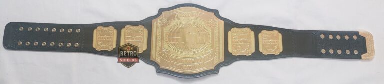 Customized wrestling etched championship belt 1, full length view with etched plates and a black strap