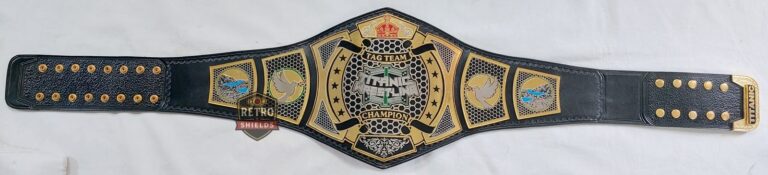 Customized wrestling etched championship belt 3, full length view with etched plates and a black strap