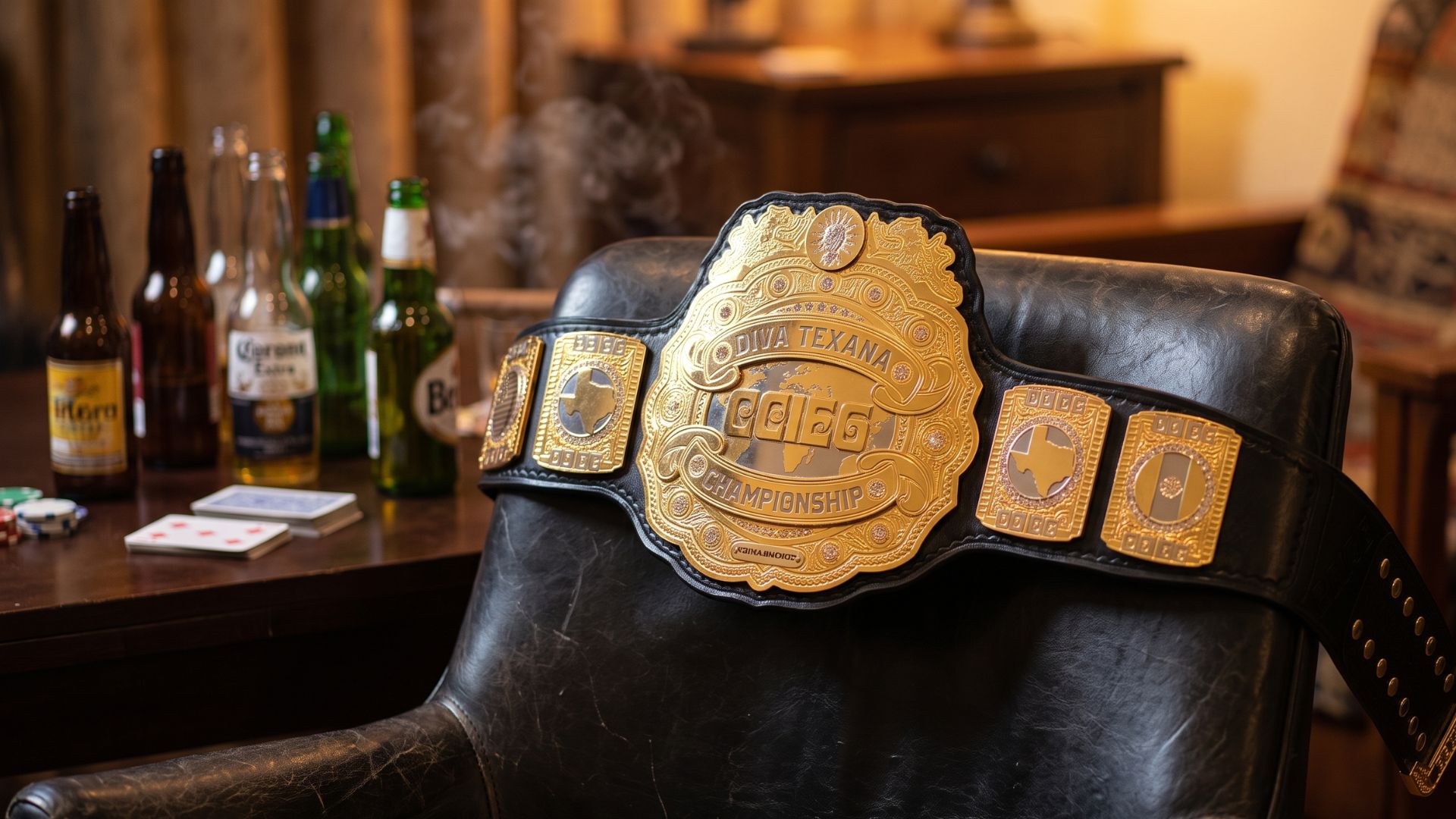 Custom bachelor party championship belt draped over a chair