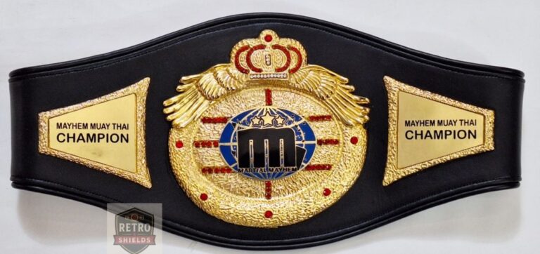 Custom boxing championship belt design 17, a Muay Thai champion belt with a black strap and gold plates