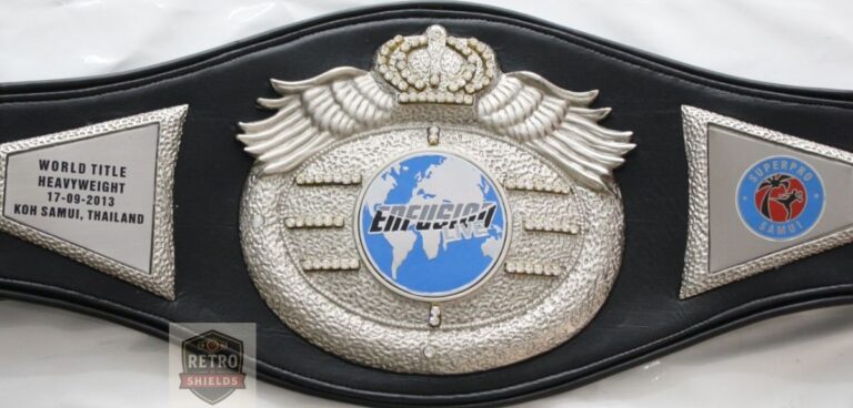Custom boxing championship belt design 11, a world heavyweight title belt with a black strap and silver plates