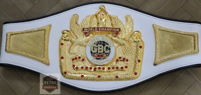 Custom boxing championship belt design 14, a world champion belt with a white strap