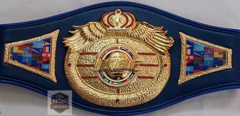 Custom boxing championship belt design 16, a state champion belt with flag plates and a navy strap