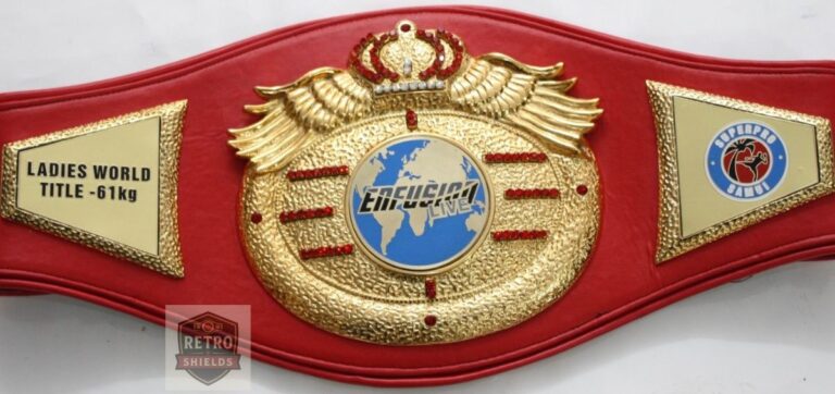 Custom boxing championship belt design 2, a ladies world title belt with a red strap