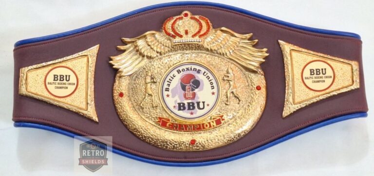 Custom boxing championship belt design 4, a regional boxing union champion belt with a brown strap and blue trim