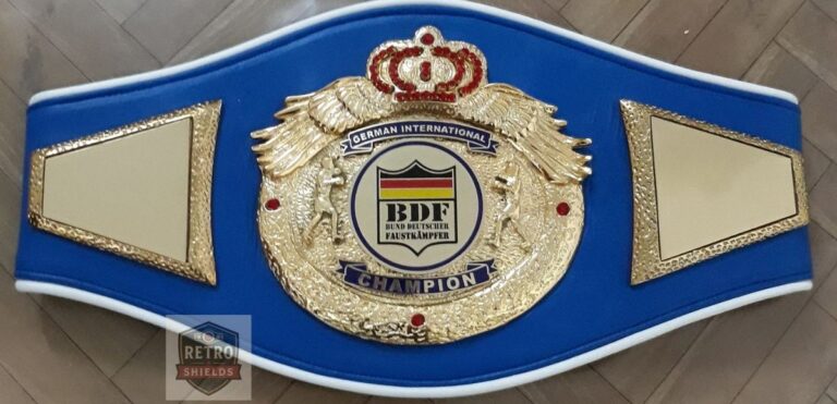 Custom boxing championship belt design 5, an international title belt with a blue strap