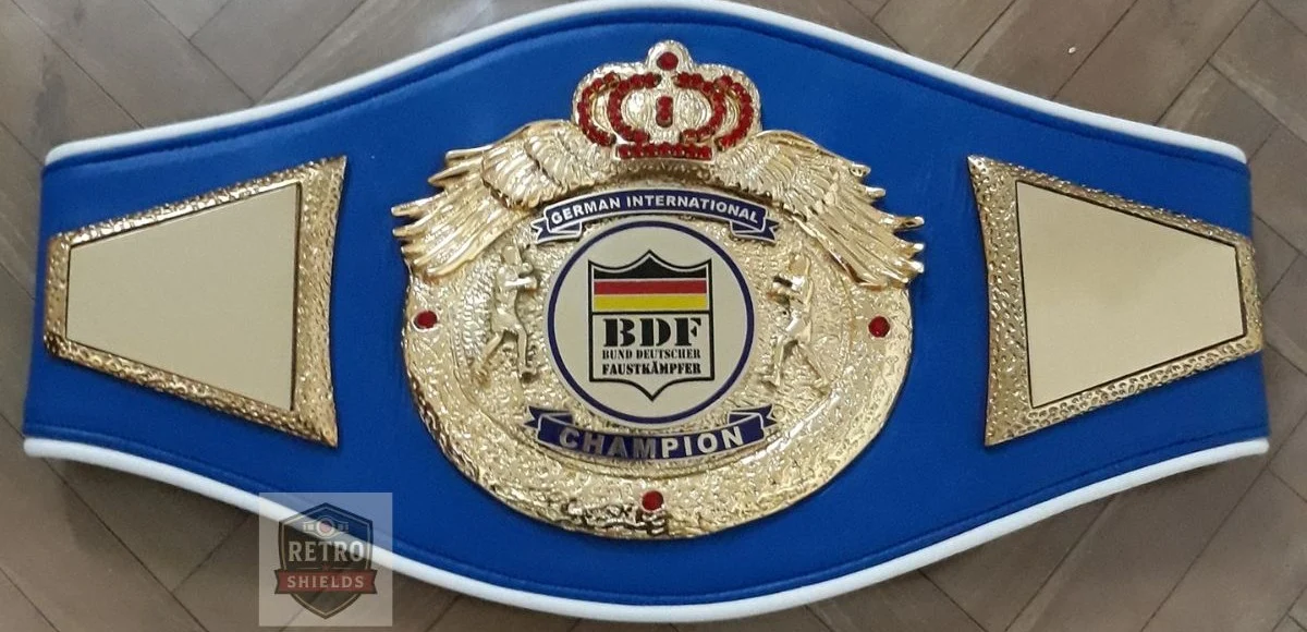 Custom boxing championship belt design 5, an international title belt with a blue strap