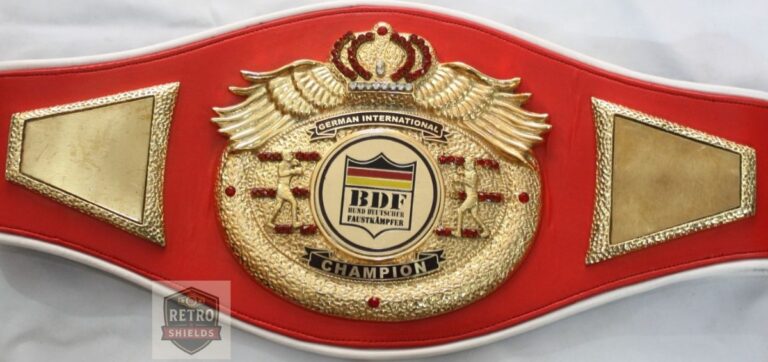 Custom boxing championship belt design 6, an international title belt with a red strap