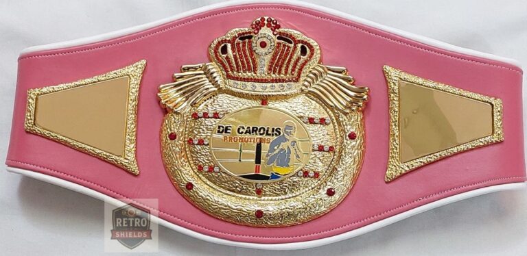 Custom boxing championship belt design 8, a promotion title belt with a pink strap