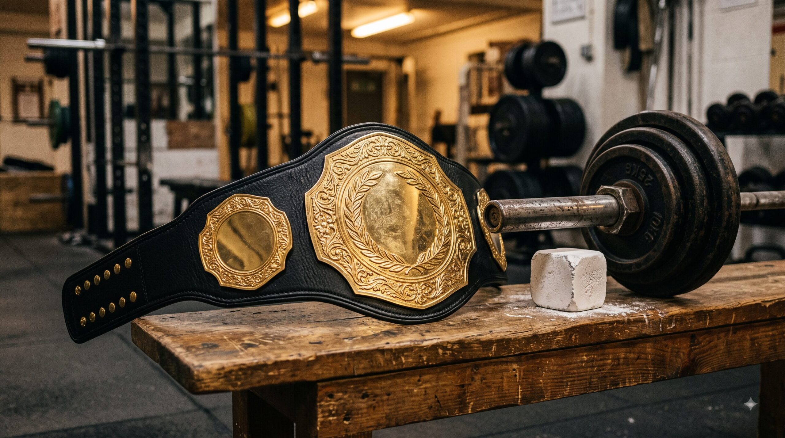 Custom gold championship belt engraved with a gym logo for a gym transformation challenge belt
