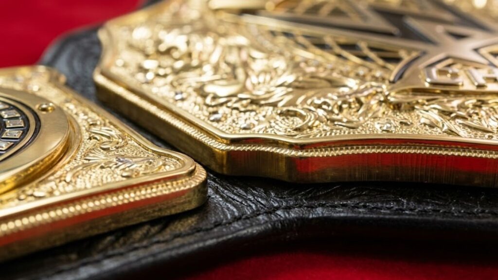Close up of solid brass plates showing how to spot a quality championship belt replica