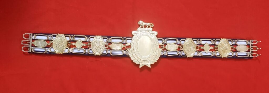 Vintage style championship belt with a warm gold finish and thick leather strap