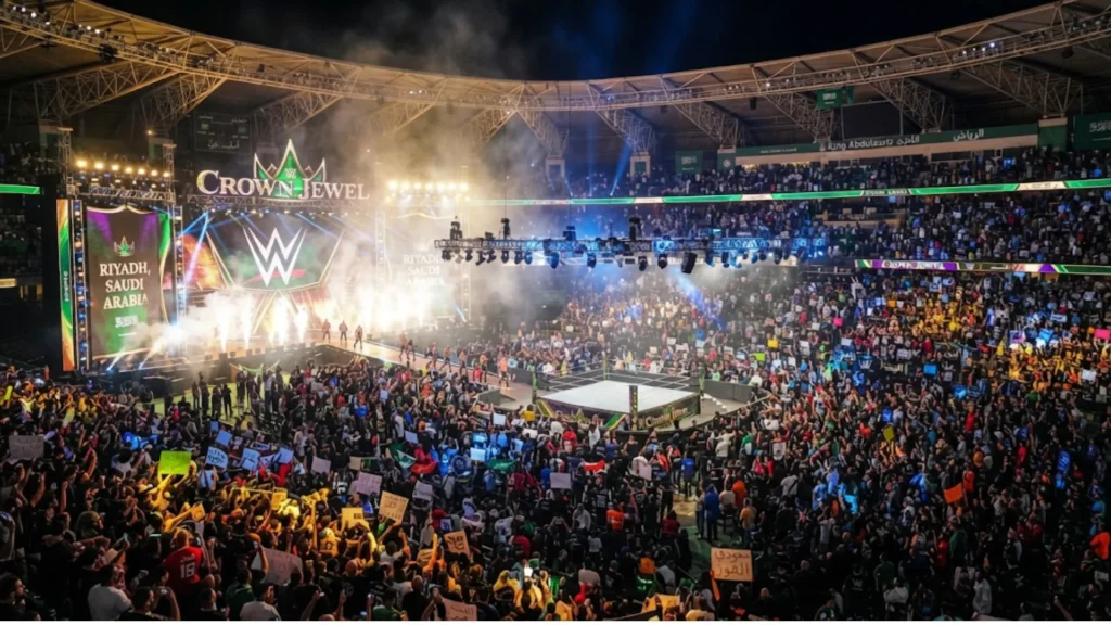 Riyadh Season Stadium crowd during a WWE Crown Jewel event in Saudi Arabia