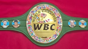 Katie Taylor next fight guide featured image showing a green and gold championship belt on a boxing ring canvas