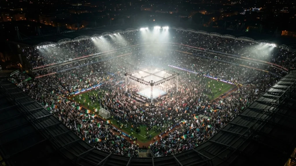 Illustration of a packed floodlit stadium at night with a boxing ring in the centre, representing the 83,000 crowd at Katie Taylor's final fight