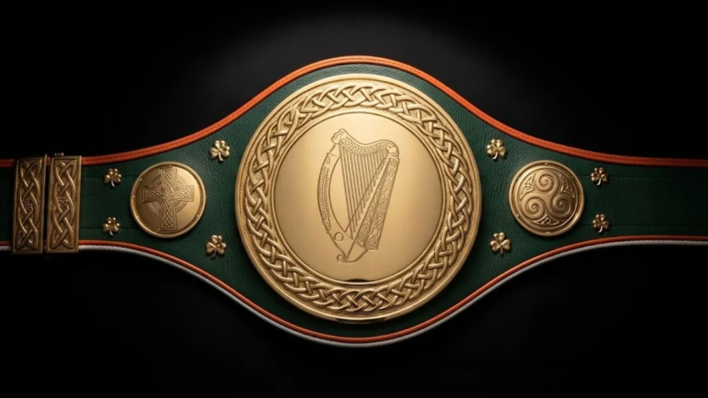 Celtic inspired championship belt with a green strap, gold harp centre plate and shamrocks, based on the WBC Queen of the Celts belt made for Katie Taylor