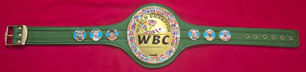 Custom WBC world championship belt replica with green strap and gold center plate