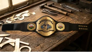 Cheap championship belt with etched brass plates laid full length on a workshop bench