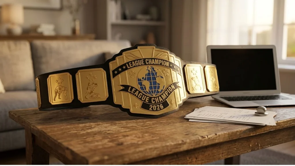 Custom fantasy league championship belt with the league title etched on the center plate
