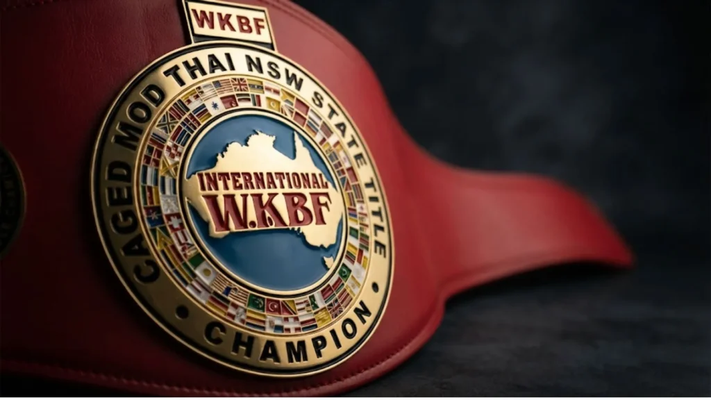 Close up of a gold etched kickboxing championship belt centre plate