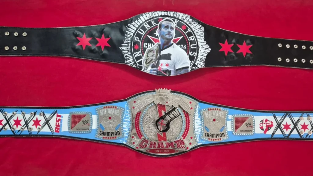 Custom CM Punk style championship belt with printed photos on the strap