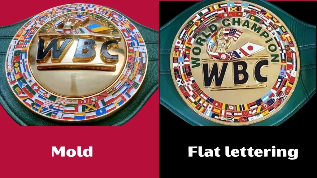 Etched brass plate and silver mold cast plate for a WBC replica belt side by side