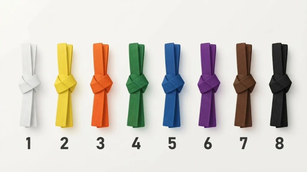 Kickboxing belt levels in order: white, yellow, orange, green, blue, purple, brown and black