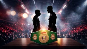 Custom championship belt under a spotlight with two boxer silhouettes facing off in a stadium