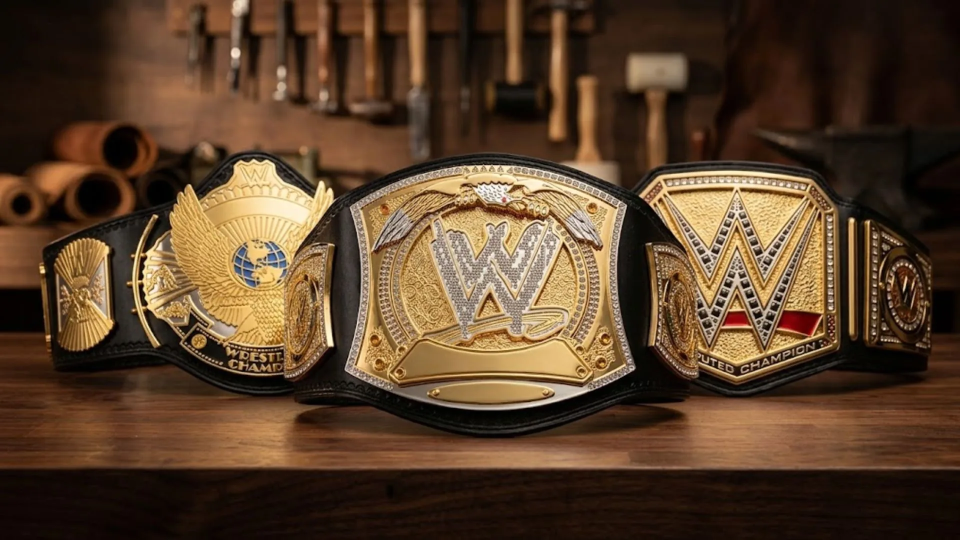 Three WWE style replica championship belts from different eras, the Winged Eagle, the Spinner and the Undisputed design, side by side