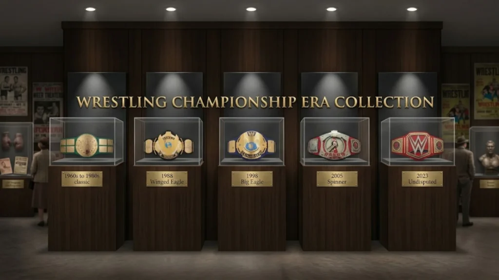 Several WWE style replica championship belts from different eras laid side by side on a workbench
