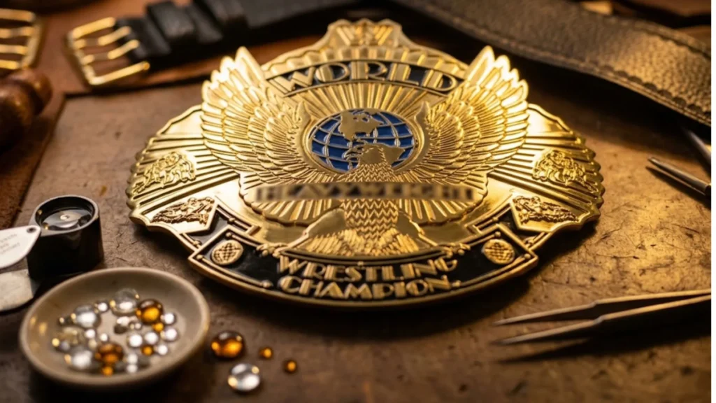 Winged Eagle style center plate on a workbench before the strap is attached