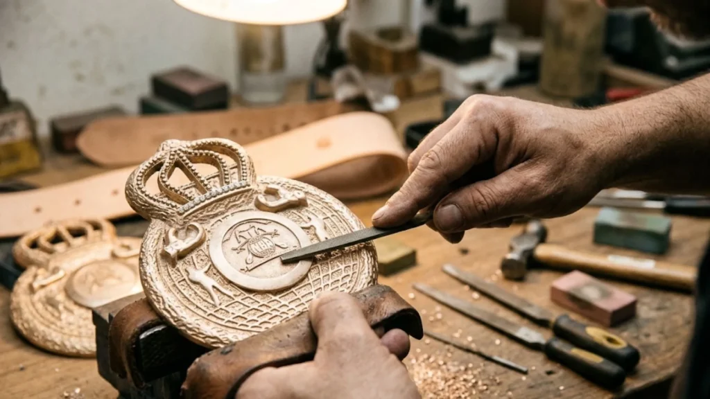 Craftsman finishing a cast metal belt plate at the workshop bench