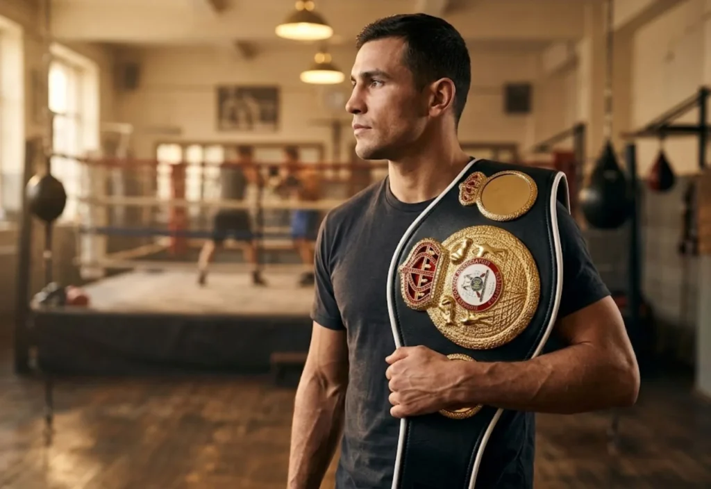 Boxer holding a finished championship belt over his shoulder