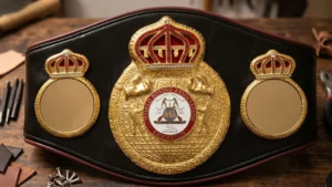 Black leather WBA style championship belt with gold center plate on a workshop bench