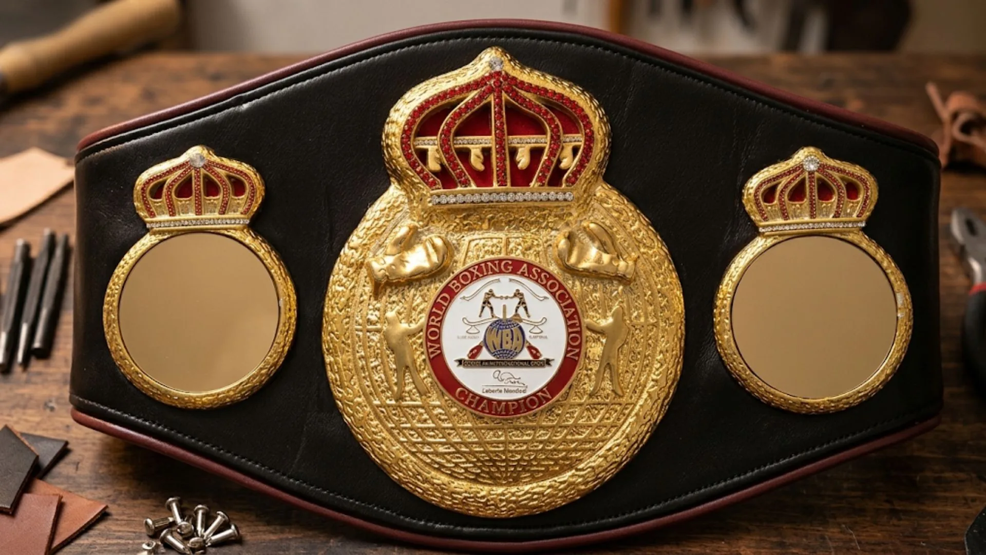 Black leather WBA style championship belt with gold center plate on a workshop bench